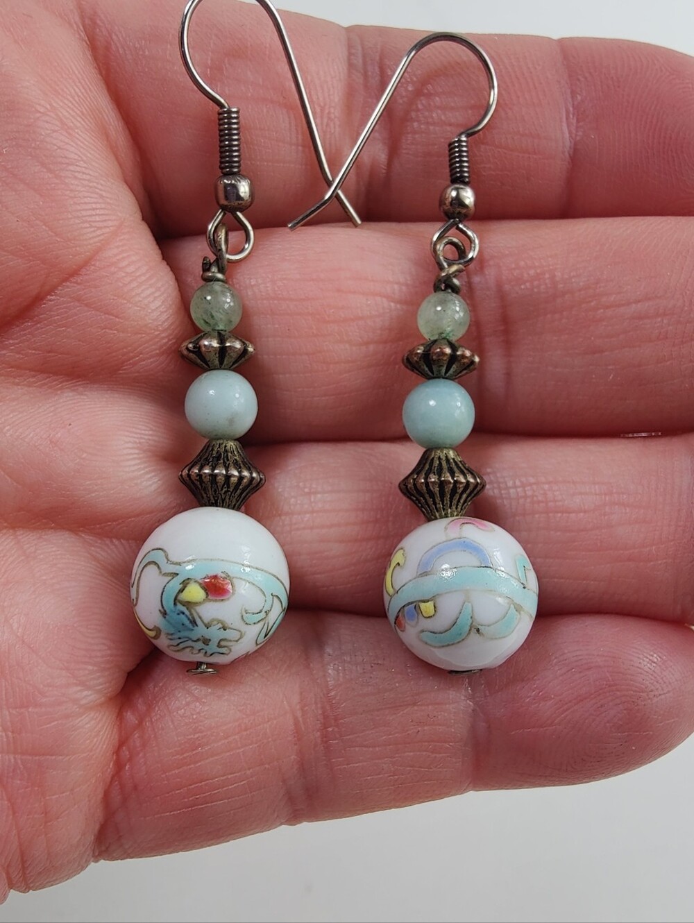 Asian Porcelain Bead Dangle Earrings Fish Hook Boho Artisan Floral Scroll White